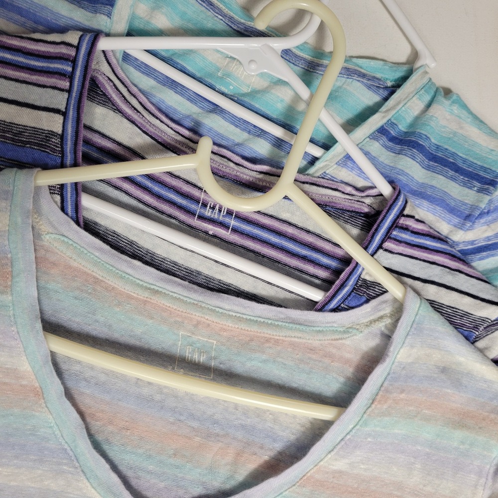 Lot of 3 GAP 100% Linen Striped Tshirts Womens M Blues Casual Lightweight